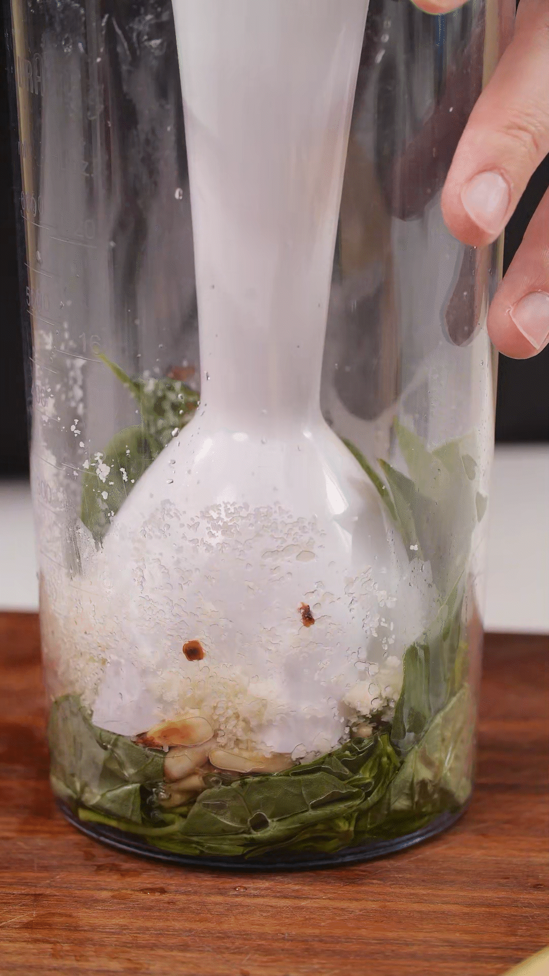 加入松子、現(xiàn)磨芝士碎、大蒜、鹽和檸檬汁、橄欖油，用手持料理機(jī)攪打細(xì)膩均勻
